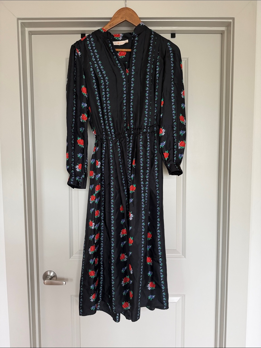 Tory Burch Floral Stripe 100% Silk Midi Dress Heirloom Stripe Size 00